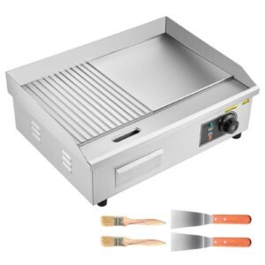 commercial electric griddle, 21.06 x 11.81 inch, 1750w, 122 570 fahrenheit adjustable temp control, stainless steel body, half grooved half flat, with 2 spatulas, 2 brushes, and 4 foot pads