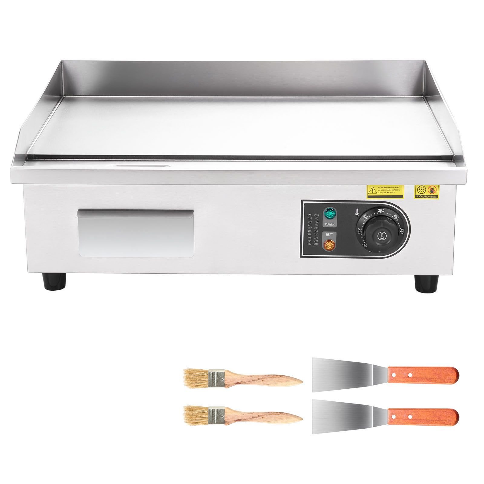 commercial electric griddle, 21.06 x 11.81 inch, 3200w, 122 570 fahrenheit adjustable temp control, stainless steel body, full flat, with 2 spatulas, 2 brushes, and 4 foot pads