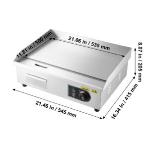 commercial electric griddle, 21.06 x 11.81 inch, 3200w, 122 570 fahrenheit adjustable temp control, stainless steel body, full flat, with 2 spatulas, 2 brushes, and 4 foot pads