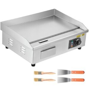 commercial electric griddle, 21.06 x 11.81 inch, 3200w, 122 570 fahrenheit adjustable temp control, stainless steel body, full flat, with 2 spatulas, 2 brushes, and 4 foot pads
