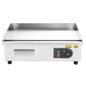 commercial electric griddle, 21.06 x 11.81 inch, 3200w, 122 570 fahrenheit adjustable temp control, stainless steel body, full flat, with 2 spatulas, 2 brushes, and 4 foot pads