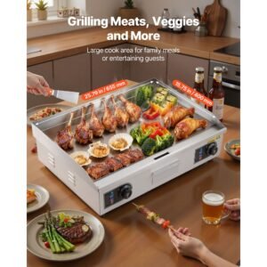 commercial electric griddle, 25.79 x 15.75 inch, 2800w, 122 570 fahrenheit adjustable temp control, stainless steel body, full flat, with 2 spatulas, 2 brushes, and 4 foot pads, for steak