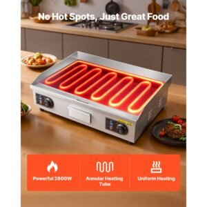 commercial electric griddle, 25.79 x 15.75 inch, 2800w, 122 570 fahrenheit adjustable temp control, stainless steel body, full flat, with 2 spatulas, 2 brushes, and 4 foot pads, for steak