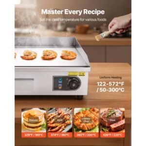 commercial electric griddle, 25.79 x 15.75 inch, 2800w, 122 570 fahrenheit adjustable temp control, stainless steel body, full flat, with 2 spatulas, 2 brushes, and 4 foot pads, for steak
