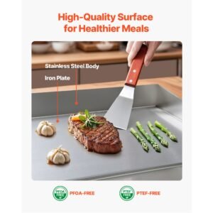 commercial electric griddle, 25.79 x 15.75 inch, 2800w, 122 570 fahrenheit adjustable temp control, stainless steel body, full flat, with 2 spatulas, 2 brushes, and 4 foot pads, for steak