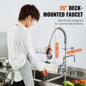 commercial faucet with pre rinse sprayer, 26" height, 8" center, 12" swing spout, deck mount kitchen sink faucet, brass constructed device with pull down spray, for 1/2/3 compartment sink