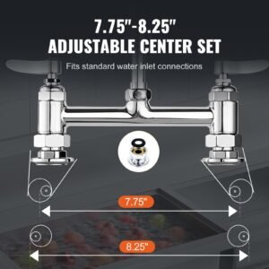 commercial faucet with pre rinse sprayer, 26" height, 8" center, 12" swing spout, deck mount kitchen sink faucet, brass constructed device with pull down spray, for 1/2/3 compartment sink
