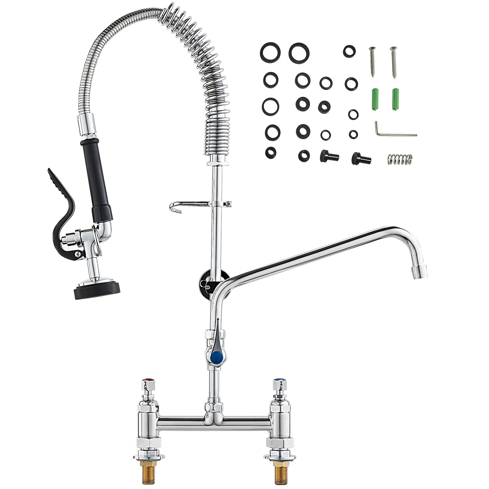 commercial faucet with pre rinse sprayer, 26" height, 8" center, 12" swing spout, deck mount kitchen sink faucet, brass constructed device with pull down spray, for 1/2/3 compartment sink