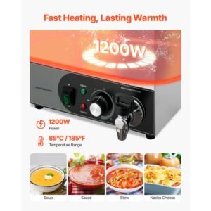 commercial food warmer, 1200w electric stainless steel steam food warmer, fast heating countertop buffet bain marie with detachable power cord, for catering, restaurants, parties & buffets