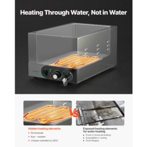 commercial food warmer, 1200w electric stainless steel steam food warmer, fast heating countertop buffet bain marie with detachable power cord, for catering, restaurants, parties & buffets
