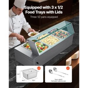 commercial food warmer, 1500w electric stainless steel steam food warmer with glass cover, 3 pan countertop buffet bain marie with soup & perforated ladles, for catering, restaurant & party