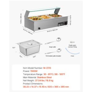 commercial food warmer, 1500w electric stainless steel steam food warmer with glass cover, 3 pan countertop buffet bain marie with soup & perforated ladles, for catering, restaurant & party