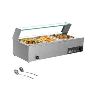 commercial food warmer, 1500w electric stainless steel steam food warmer with glass cover, 3 pan countertop buffet bain marie with soup & perforated ladles, for catering, restaurant & party