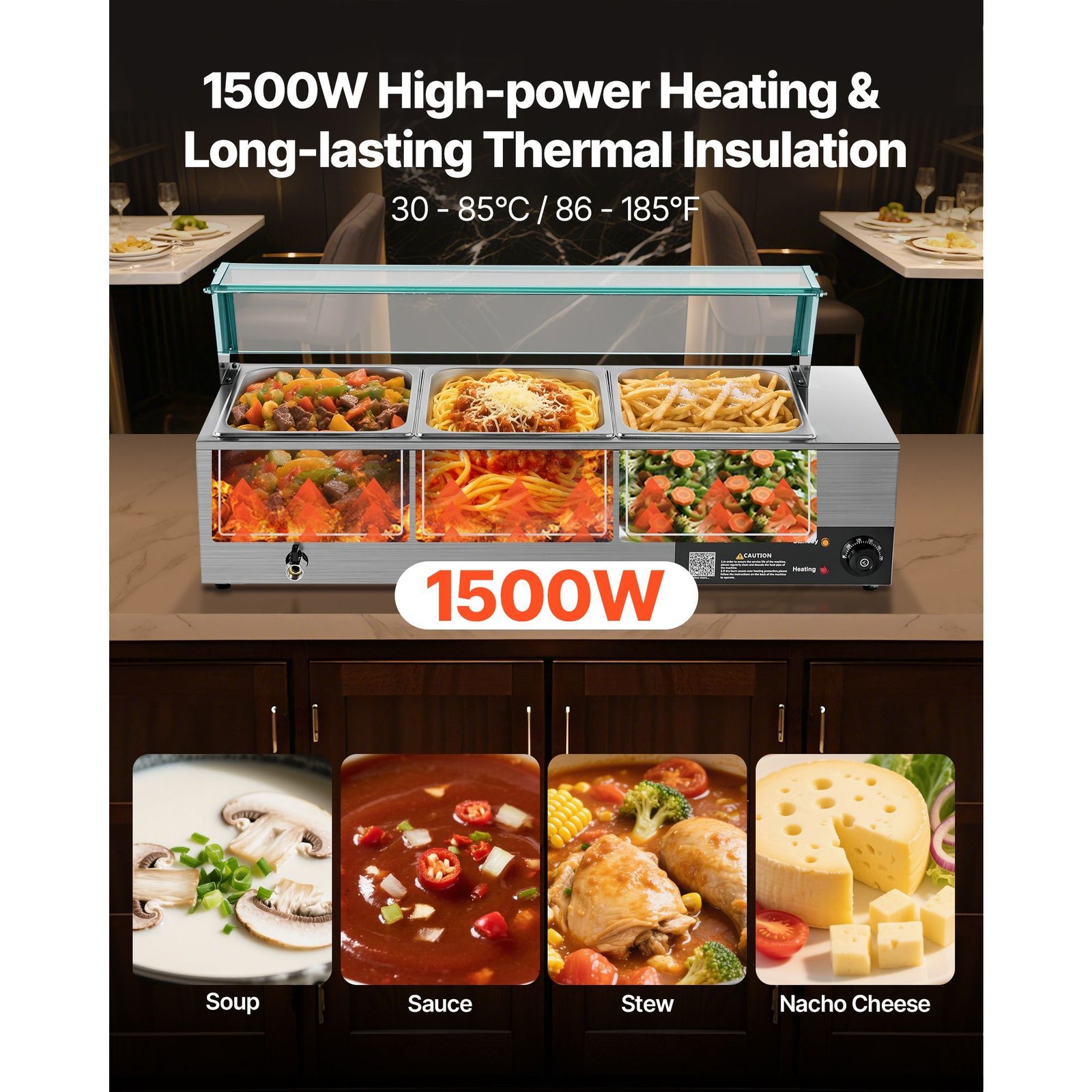 commercial food warmer, 1500w electric stainless steel steam food warmer with glass cover, 3 pan countertop buffet bain marie with soup & perforated ladles, for catering, restaurant & party