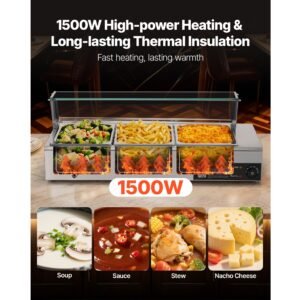 commercial food warmer, 1500w electric stainless steel steam food warmer with glass cover, countertop buffet bain marie with three 1/2 size food pans, for catering, restaurant, party & buffets