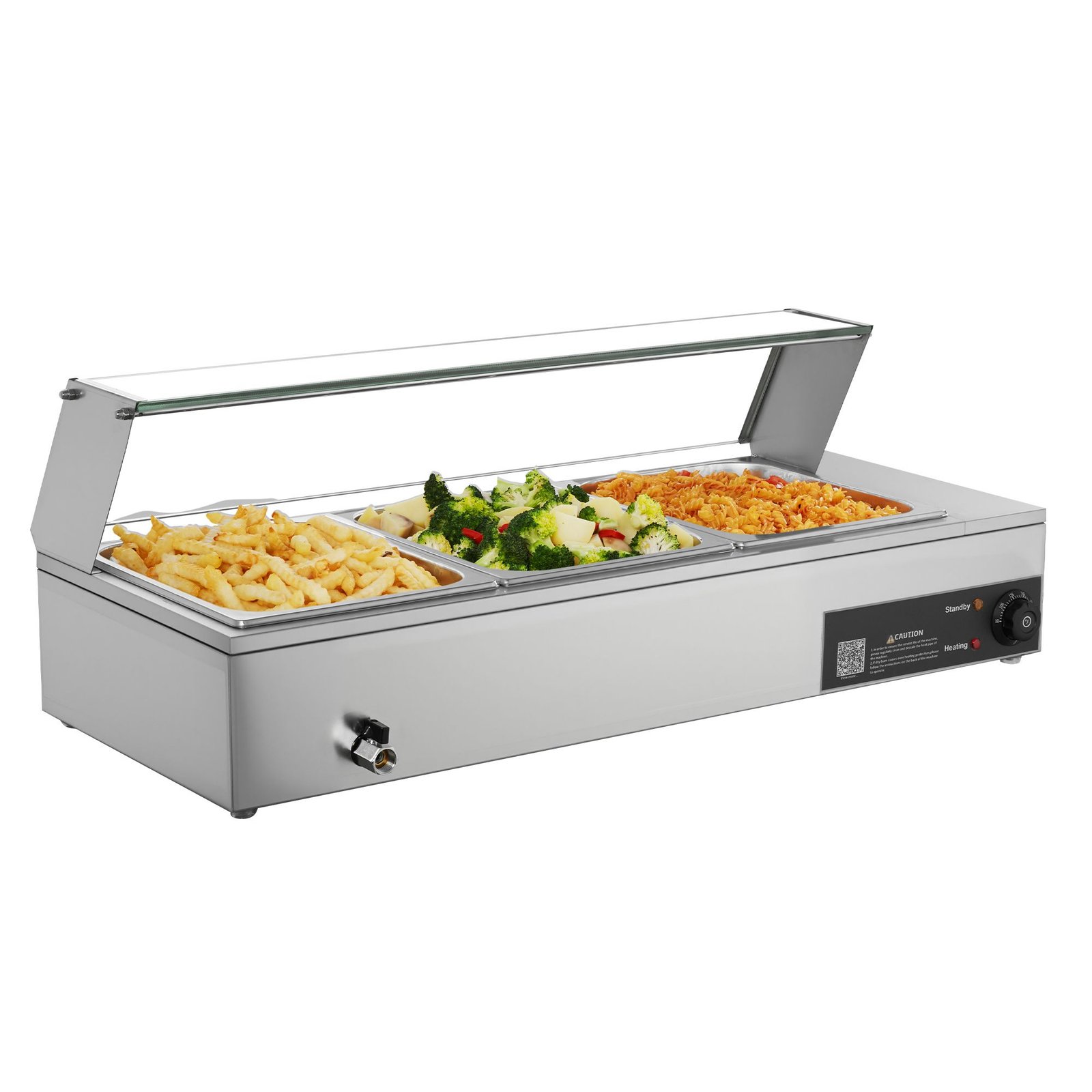commercial food warmer, 1500w electric stainless steel steam food warmer with glass cover, countertop buffet bain marie with three 1/2 size food pans, for catering, restaurant, party & buffets