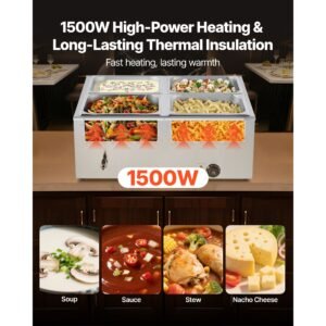 commercial food warmer, 1500w electric stainless steel steam food warmer with lid, 4 pan fast heating countertop buffet bain marie with soup & perforated ladles, for catering, restaurant, party