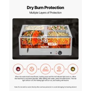 commercial food warmer, 1500w electric stainless steel steam food warmer with lid, 4 pan fast heating countertop buffet bain marie with soup & perforated ladles, for catering, restaurant, party