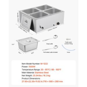 commercial food warmer, 1500w electric stainless steel steam food warmer with lid, 4 pan fast heating countertop buffet bain marie with soup & perforated ladles, for catering, restaurant, party