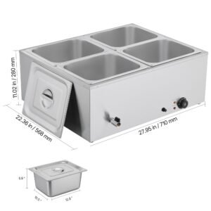 commercial food warmer, 1500w electric stainless steel steam food warmer with lid, 4 pan fast heating countertop buffet bain marie with soup & perforated ladles, for catering, restaurant, party