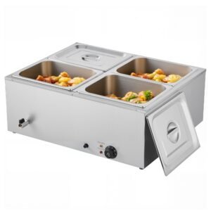 commercial food warmer, 1500w electric stainless steel steam food warmer with lid, 4 pan fast heating countertop buffet bain marie with soup & perforated ladles, for catering, restaurant, party