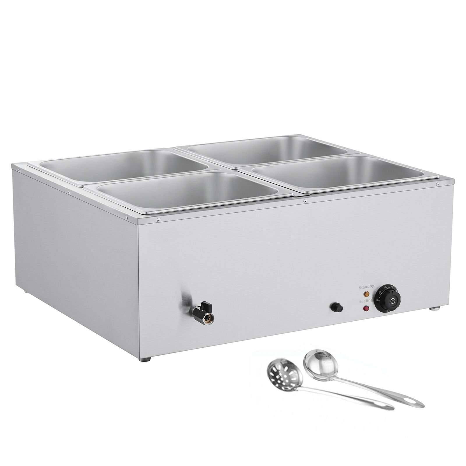 commercial food warmer, 1500w electric stainless steel steam food warmer with lid, 4 pan fast heating countertop buffet bain marie with soup & perforated ladles, for catering, restaurant, party