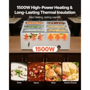 commercial food warmer, 1500w electric stainless steel steam food warmer with lid, 6 pan fast heating countertop buffet bain marie with soup & perforated ladles, for catering, restaurant, party