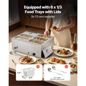 commercial food warmer, 1500w electric stainless steel steam food warmer with lid, 6 pan fast heating countertop buffet bain marie with soup & perforated ladles, for catering, restaurant, party