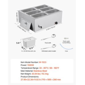 commercial food warmer, 1500w electric stainless steel steam food warmer with lid, 6 pan fast heating countertop buffet bain marie with soup & perforated ladles, for catering, restaurant, party