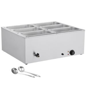 Commercial Food Warmer, 1500W Electric Stainless Steel Steam Food Warmer with Lid, 6-Pan Fast Heating Countertop Buffet Bain Marie with Soup & Perforated Ladles, for Catering, Restaurant, Party