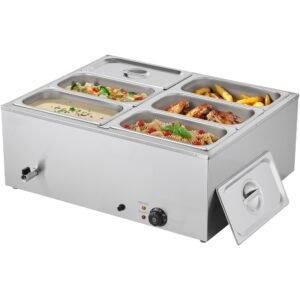 commercial food warmer, 1500w electric stainless steel steam food warmer with lid, 6 pan fast heating countertop buffet bain marie with soup & perforated ladles, for catering, restaurant, party