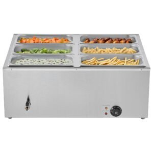 commercial food warmer, 1500w electric stainless steel steam food warmer with lid, 6 pan fast heating countertop buffet bain marie with soup & perforated ladles, for catering, restaurant, party