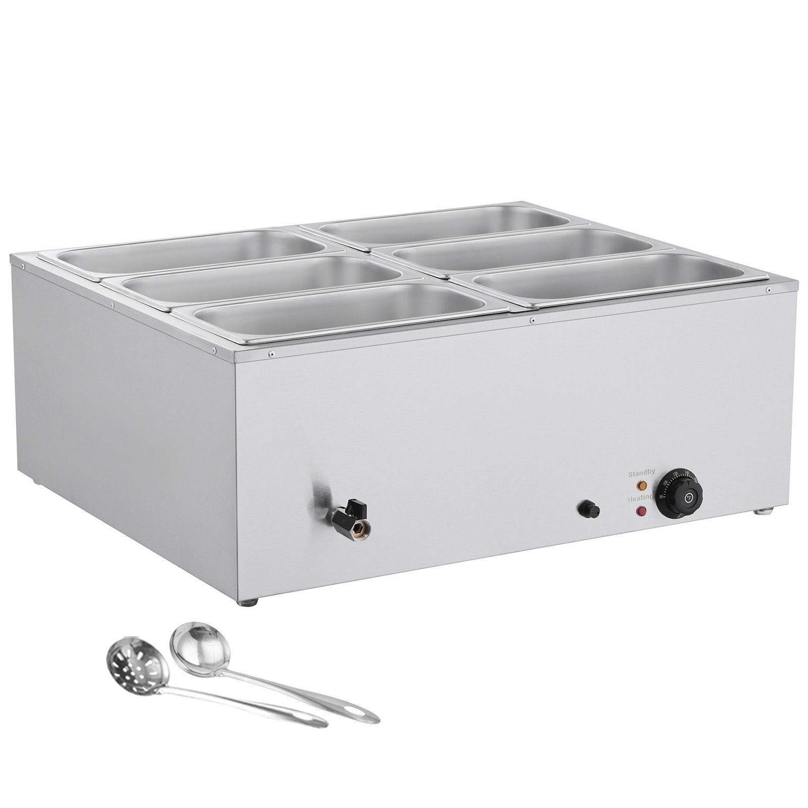 commercial food warmer, 1500w electric stainless steel steam food warmer with lid, 6 pan fast heating countertop buffet bain marie with soup & perforated ladles, for catering, restaurant, party
