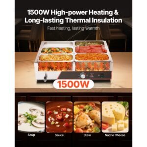 commercial food warmer, 1500w electric stainless steel steam food warming with lid, 6 pan fast heating countertop buffet bain marie with power cord, for catering, restaurant, party & buffets