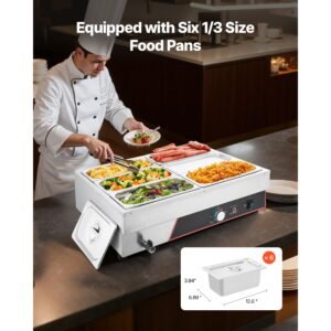 commercial food warmer, 1500w electric stainless steel steam food warming with lid, 6 pan fast heating countertop buffet bain marie with power cord, for catering, restaurant, party & buffets