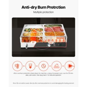 commercial food warmer, 1500w electric stainless steel steam food warming with lid, 6 pan fast heating countertop buffet bain marie with power cord, for catering, restaurant, party & buffets