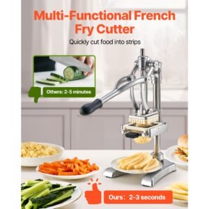 commercial french fry cutter, stainless steel vegetable fruit chopper with 3 replacement blades 1/2 inch 3/8 inch 1/4 inch, and a juicing blade, manual potato slicer dicer for restaurants & home
