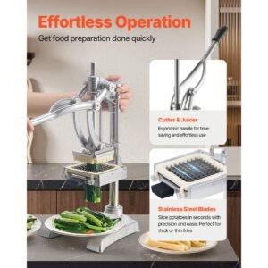 commercial french fry cutter, stainless steel vegetable fruit chopper with 3 replacement blades 1/2 inch 3/8 inch 1/4 inch, and a juicing blade, manual potato slicer dicer for restaurants & home
