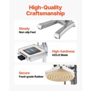 commercial french fry cutter, stainless steel vegetable fruit chopper with 3 replacement blades 1/2 inch 3/8 inch 1/4 inch, and a juicing blade, manual potato slicer dicer for restaurants & home