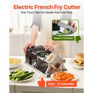 commercial french fry cutter, stainless steel vegetable fruit chopper with 3 replacement blades 1/2 inch 3/8 inch 1/4 inch, electric potato slicer dicer for restaurants & home kitchen