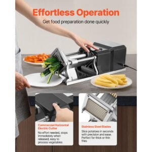 commercial french fry cutter, stainless steel vegetable fruit chopper with 3 replacement blades 1/2 inch 3/8 inch 1/4 inch, electric potato slicer dicer for restaurants & home kitchen