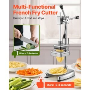 commercial french fry cutter, stainless steel vegetable fruit chopper with 3 replacement blades 1/2 inch 3/8 inch 1/4 inch, manual potato slicer dicer for restaurants & home kitchen