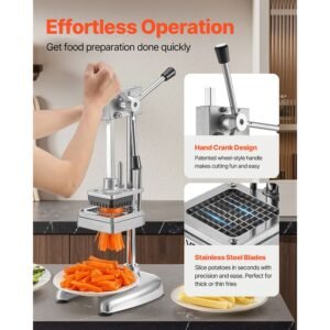 commercial french fry cutter, stainless steel vegetable fruit chopper with 3 replacement blades 1/2 inch 3/8 inch 1/4 inch, manual potato slicer dicer for restaurants & home kitchen