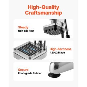 commercial french fry cutter, stainless steel vegetable fruit chopper with 3 replacement blades 1/2 inch 3/8 inch 1/4 inch, manual potato slicer dicer for restaurants & home kitchen