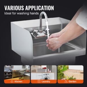 commercial hand sink with faucet and side splash, stainless steel sink for washing, small hand washing sink, wall mount hand basin for restaurant, kitchen, bar, garage and home, 17x12.8 inch