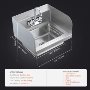 commercial hand sink with faucet and side splash, stainless steel sink for washing, small hand washing sink, wall mount hand basin for restaurant, kitchen, bar, garage and home, 17x12.8 inch