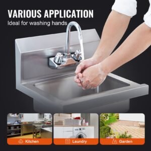 commercial hand sink with faucet, stainless steel sink for washing, small hand washing sink, wall mount hand basin, utility sink for restaurant, kitchen, bar, garage and home, 17 x 12.8 inch