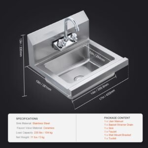commercial hand sink with faucet, stainless steel sink for washing, small hand washing sink, wall mount hand basin, utility sink for restaurant, kitchen, bar, garage and home, 17 x 12.8 inch