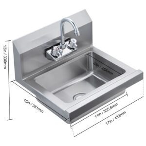 commercial hand sink with faucet, stainless steel sink for washing, small hand washing sink, wall mount hand basin, utility sink for restaurant, kitchen, bar, garage and home, 17 x 12.8 inch