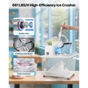 commercial ice crusher 661lbs/h, 350w electric snow cone machine with 4 blades, 1400rpm stainless steel shaved ice machine with 11 gal crushed ice box, for family restaurants bars, white